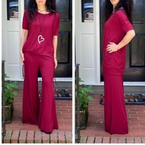 Wine Jersey Knit Tunic and Wide Leg Pants